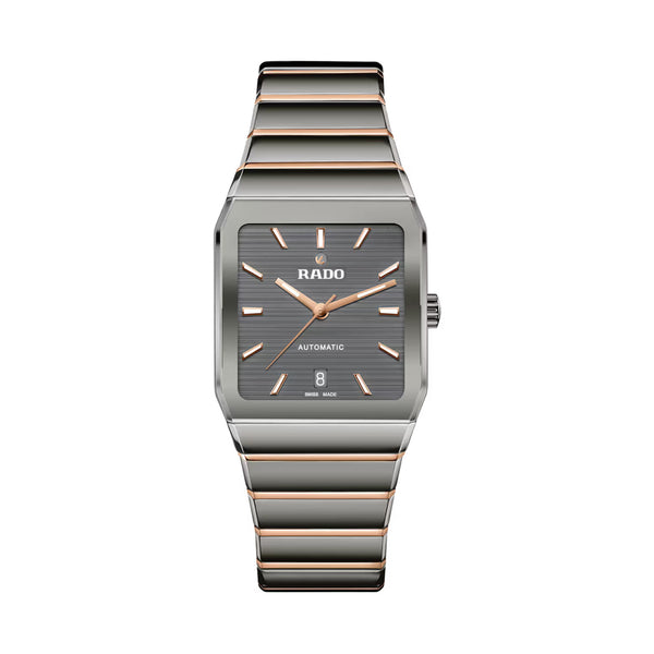 Rado watch with rose gold and silver band on a white background
