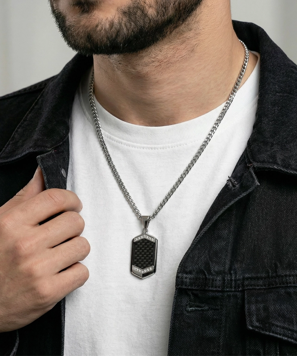Link N Lock® Cubic Zirconia Stainless Steel Dog Tag Pendant with