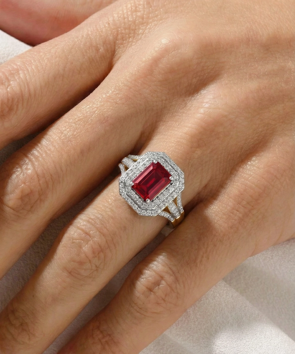 Aanika V. Ruby & Diamond Emerald-Cut Halo Split Shank Ring
