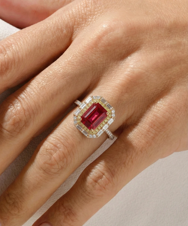 Ring with a red gemstone on a hand against a neutral background