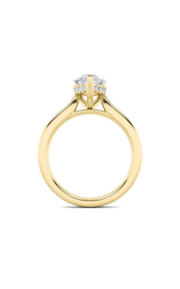 3Cttw Pear Shaped Lab Grown Diamond (F/VS) Hidden Halo Cathedral Shank Engagement Ring in 14K Gold