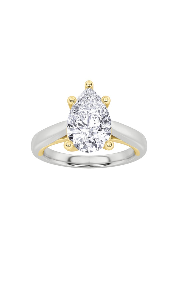 2Cttw Pear Shaped Lab Grown Diamond (F/VS) Two Tone Cathedral Shank Engagement Ring in 14K Gold