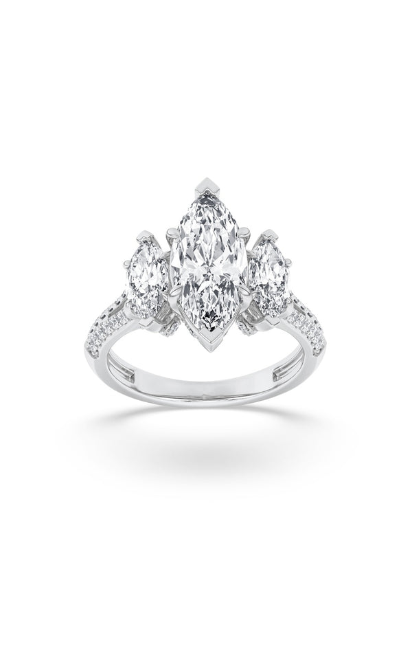 4Cttw Marquise Shaped Lab Grown Diamond (G/VS) Three Stone Accented Engagement Ring in 14K Gold