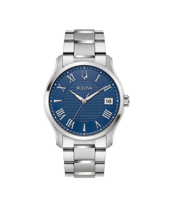 Bulova watch with blue face and silver bracelet on a white background