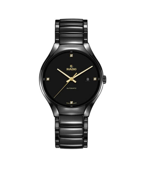 Black Rado watch with a white background
