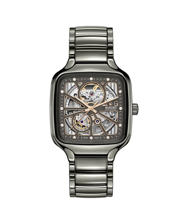 Silver Rado watch with a detailed face on a white background