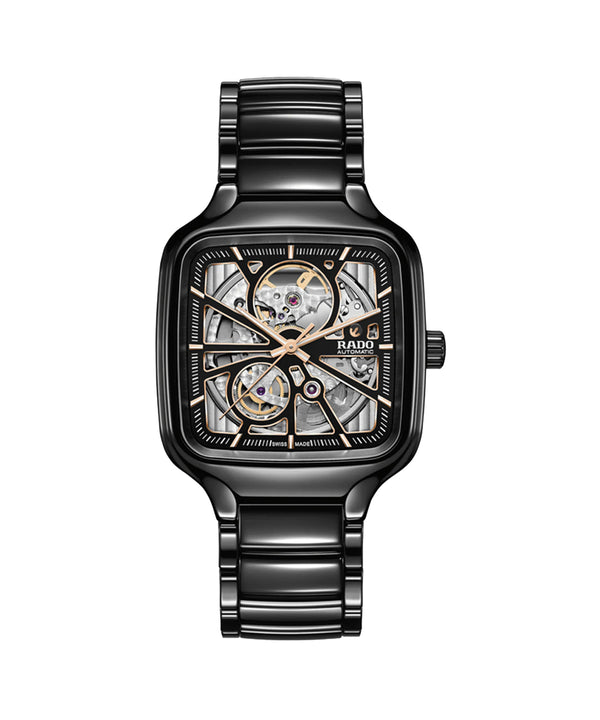 Black ceramic watch with visible brand logo on a white background