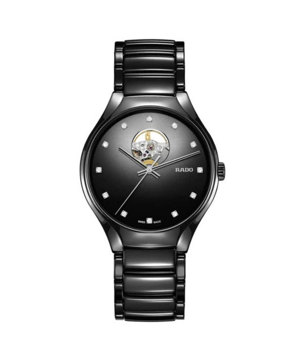 Black wristwatch with visible brand logo on a white background