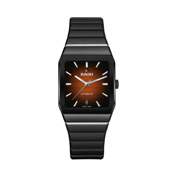 Black Rado watch with brown face on a white background