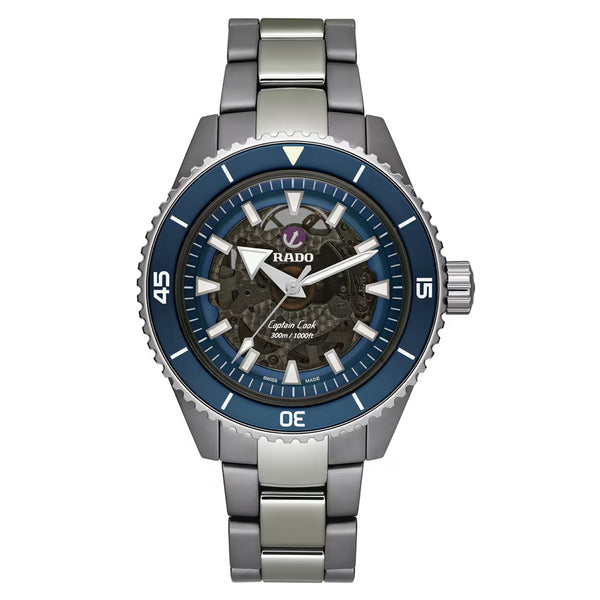 Silver and blue watch with visible brand logo on a white background