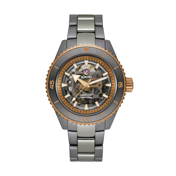 Rado watch with metallic band and detailed face on a white background