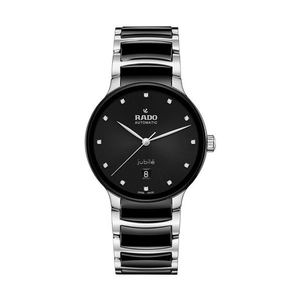 Rado watch with black dial and silver bracelet on a white background