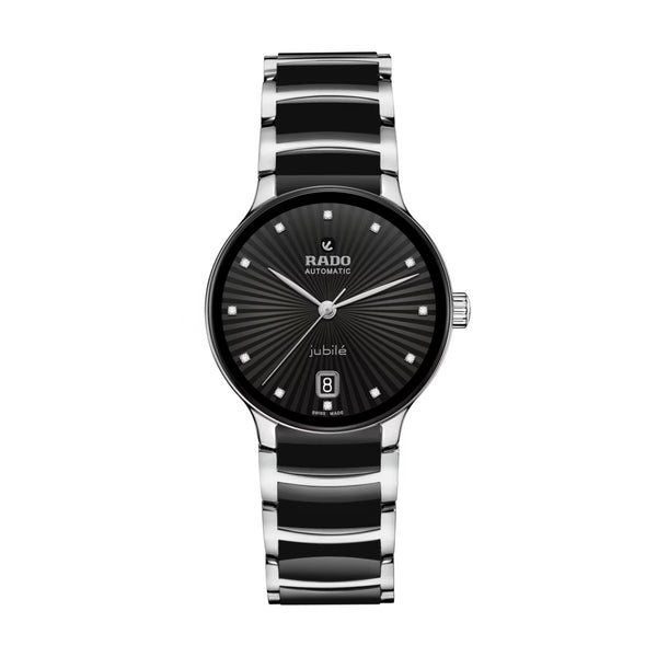 Rado watch with black face and silver band on a white background