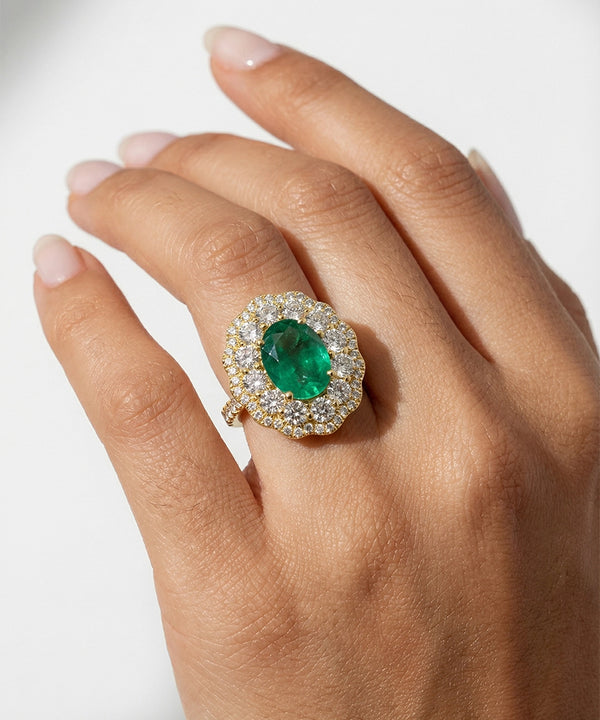Aanika V. Emerald and Diamond Halo Cluster Ring - 2.00 Ct. T.W.