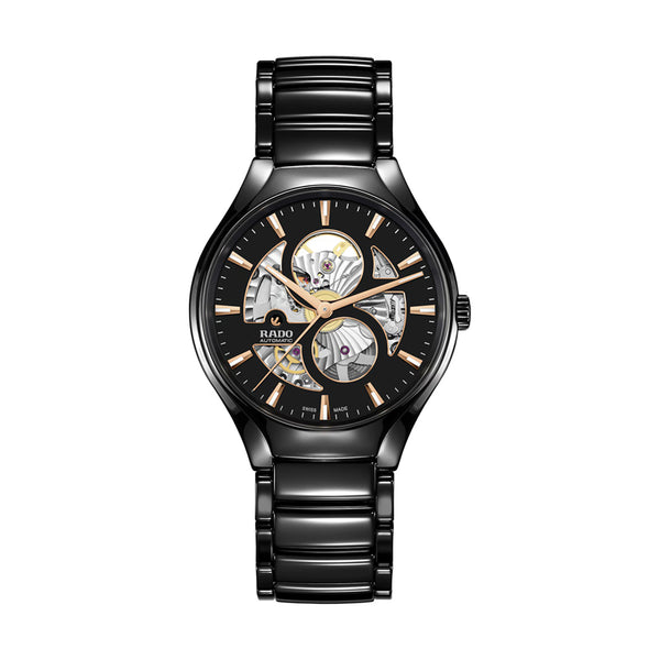 Black Rado watch with transparent face on a white background