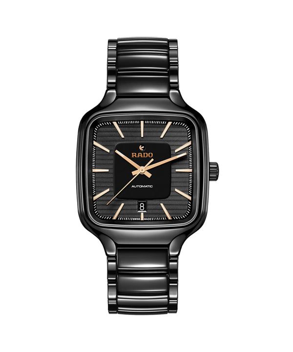 Black Rado watch with a white background