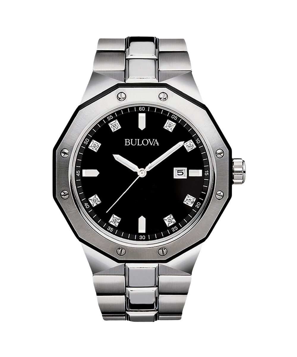 Silver Bulova watch with black face on a white background