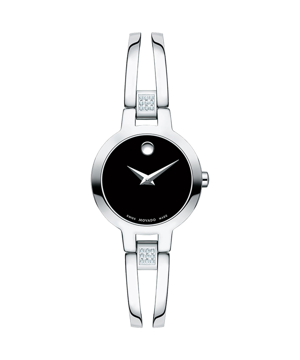 Silver watch with black face on a white background