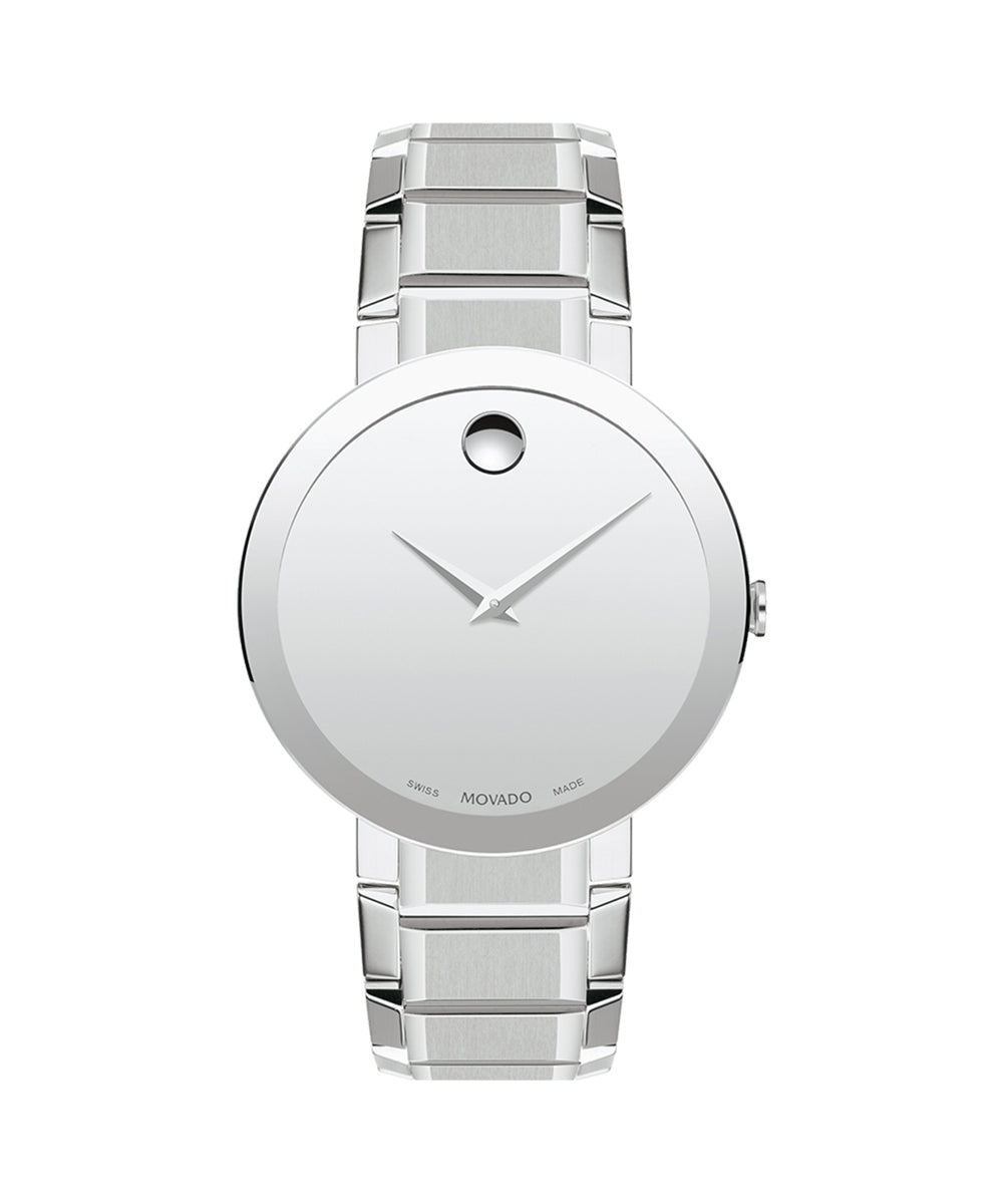 Silver watch with a clear crystal case on a white background