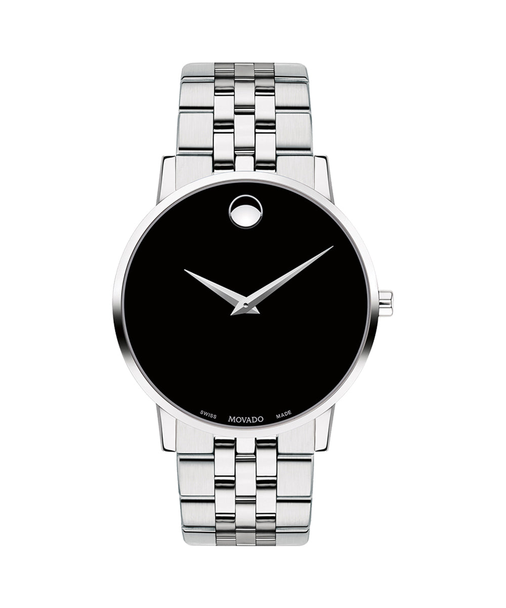 Silver watch with black face on a white background