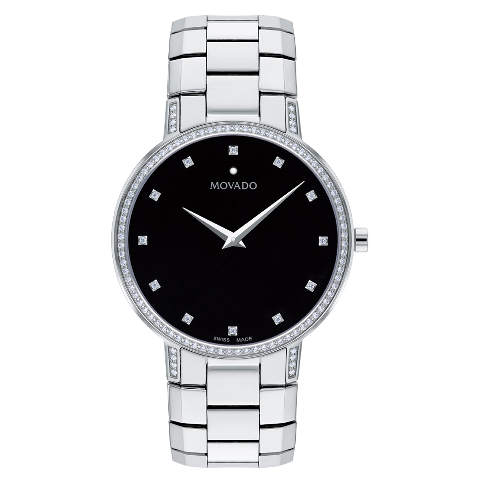 Silver watch with black face on a white background