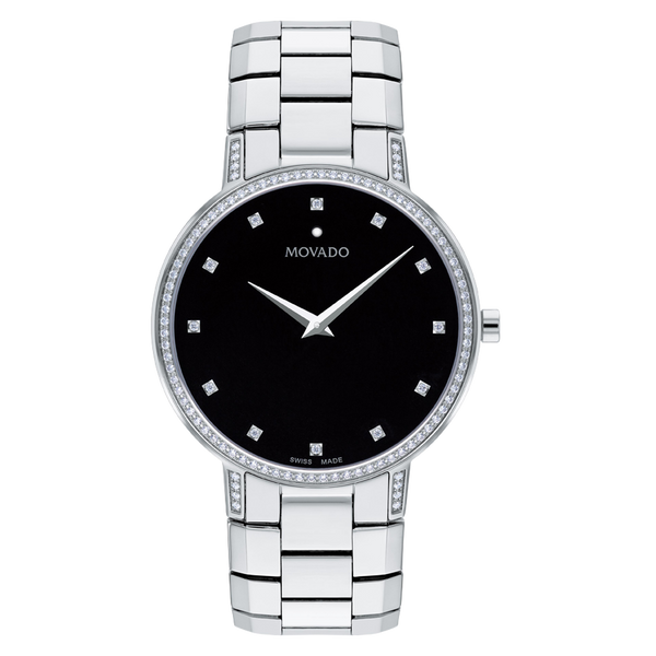 Silver watch with black face on a white background