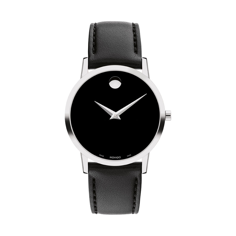 Watch with black face and leather strap on a white background