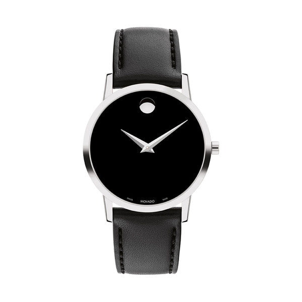 Watch with black face and leather strap on a white background