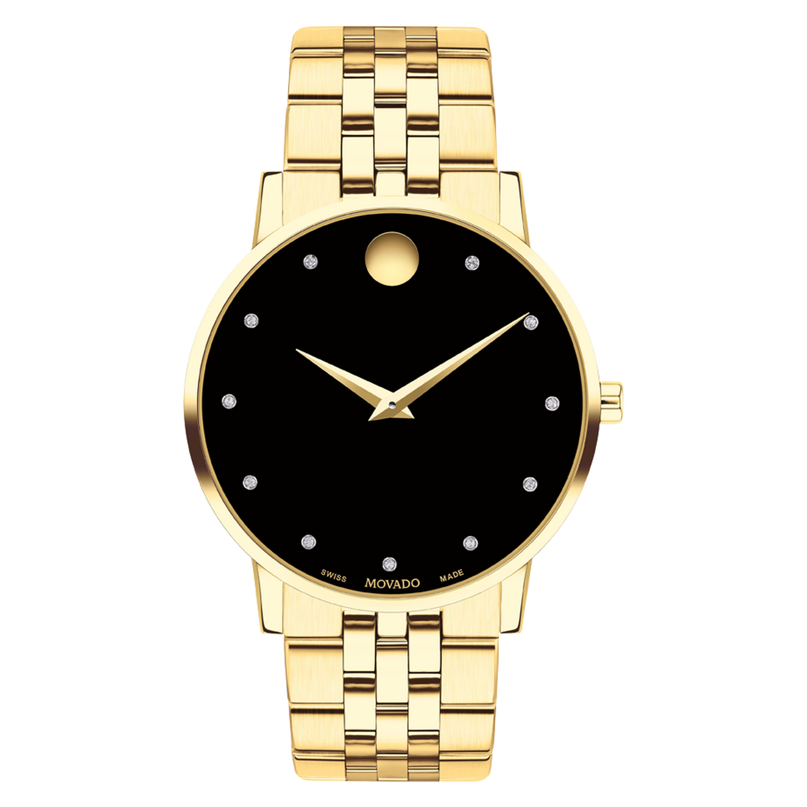 Gold wristwatch with black face on a white background