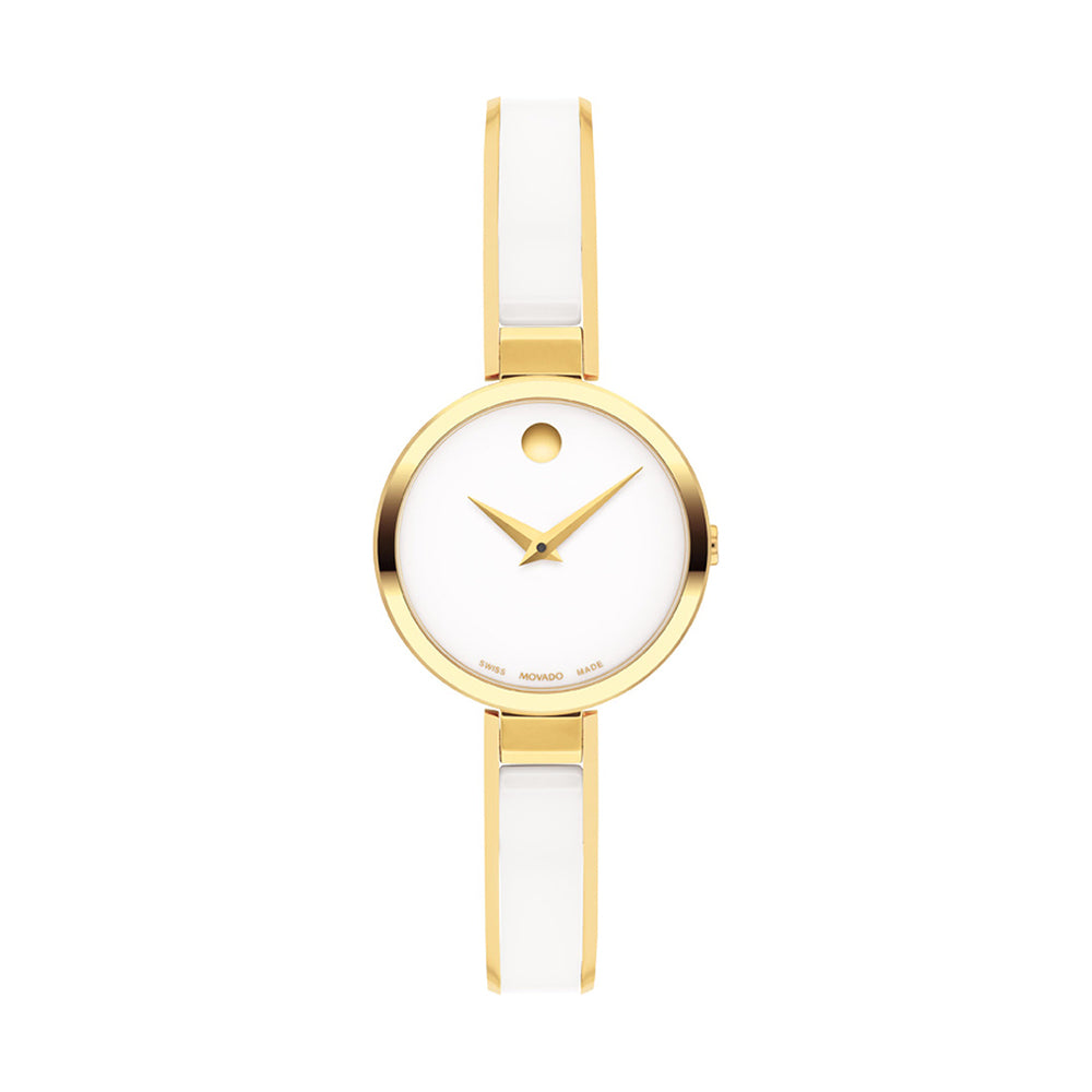 Gold watch with white strap on a white background