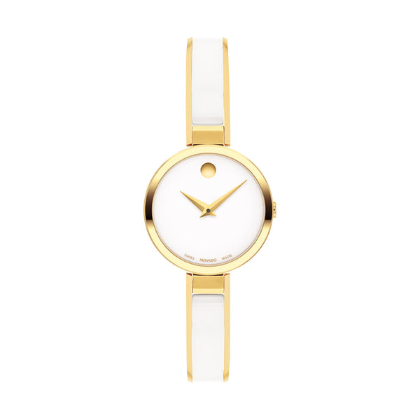 Gold watch with white strap on a white background