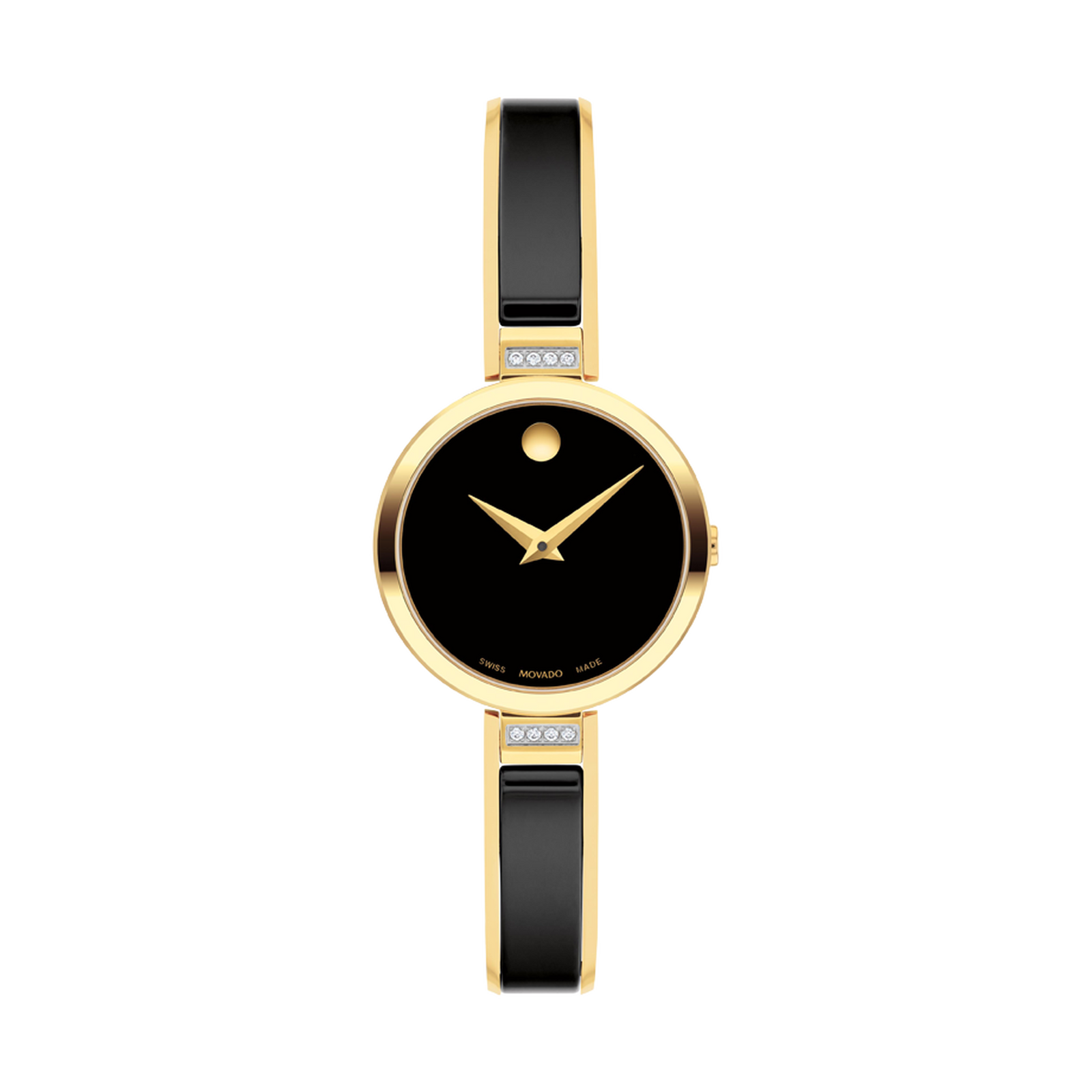 Gold and black watch with a visible brand logo on a white background