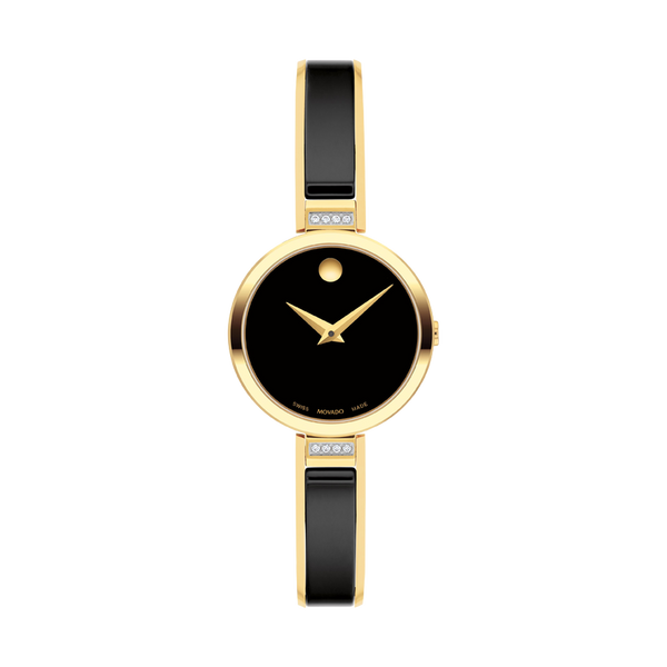 Gold and black watch with a visible brand logo on a white background