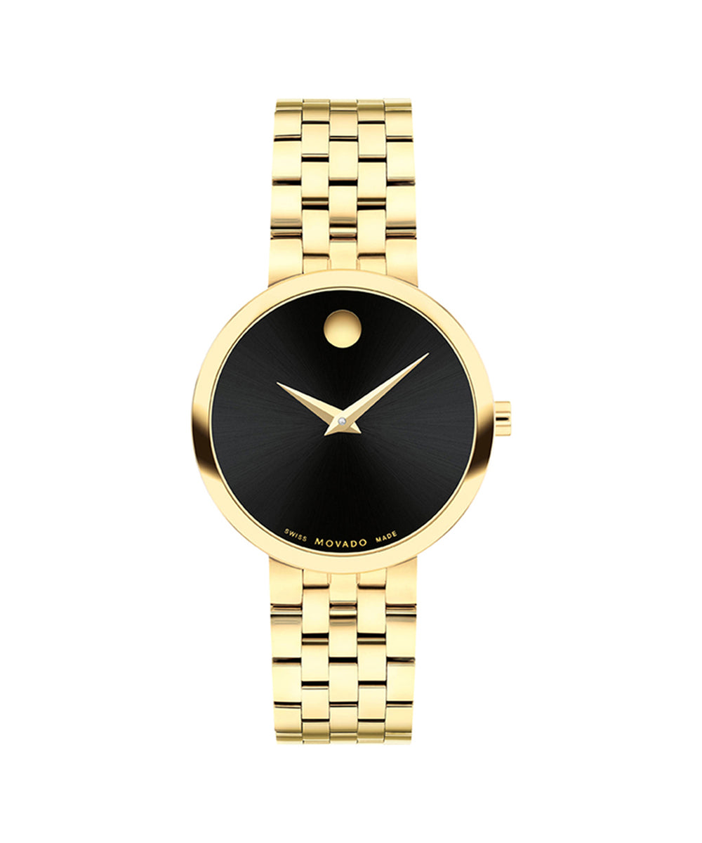 Gold watch with black face on a white background
