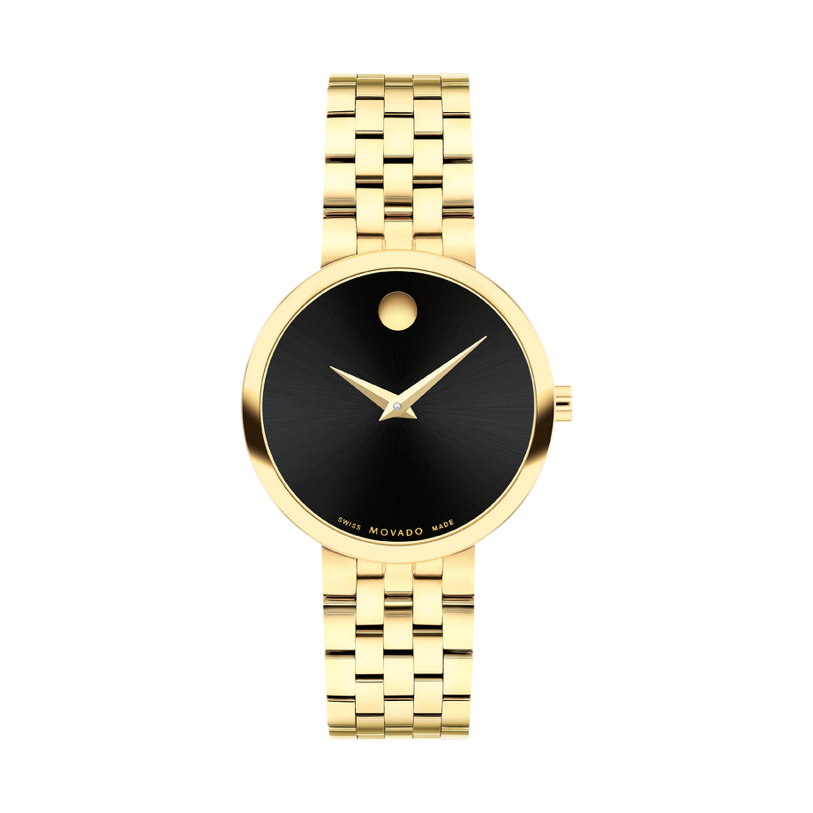 Gold watch with black face on a white background
