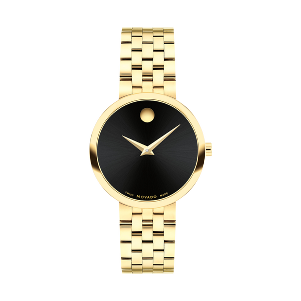 Gold watch with black face on a white background