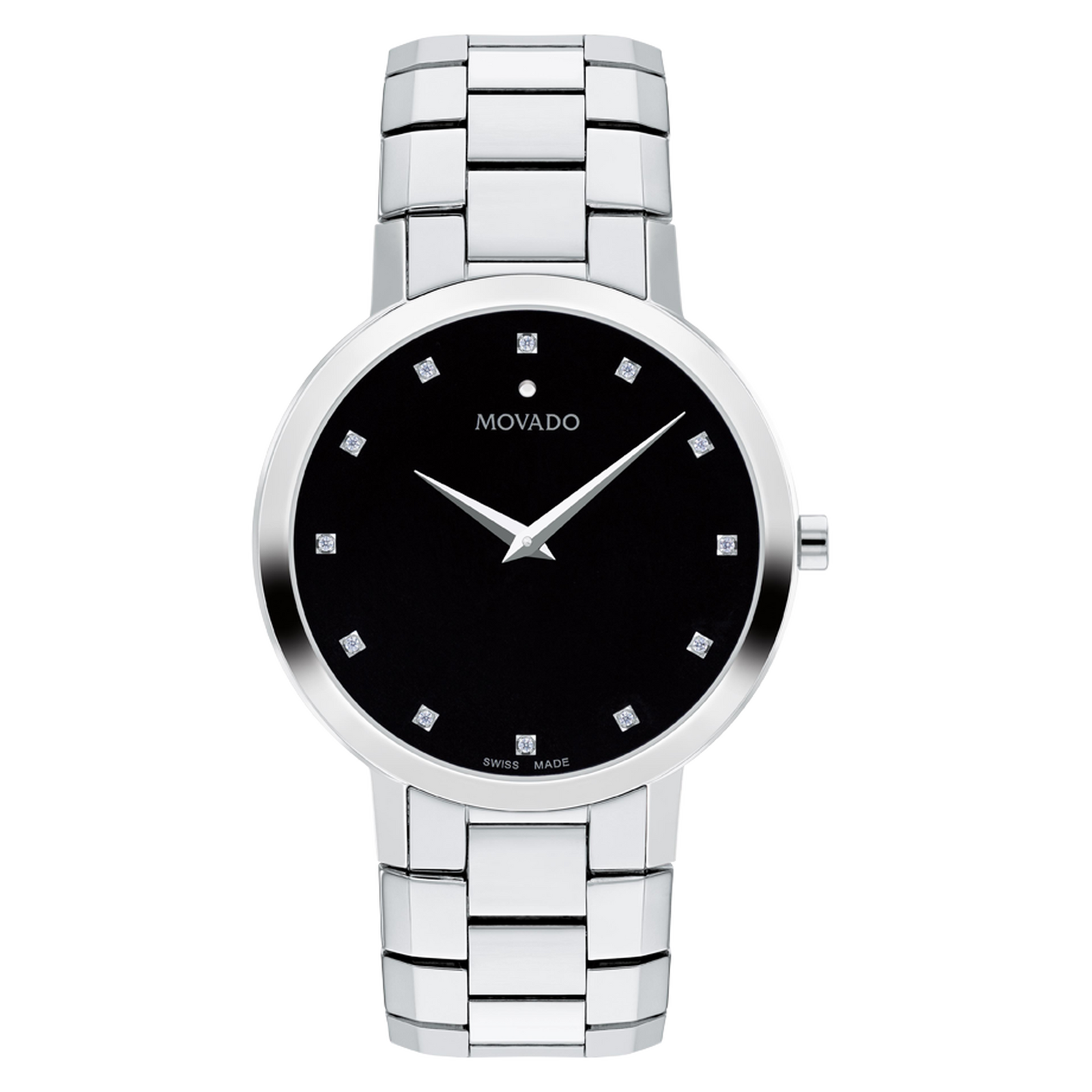 Silver watch with black face on a white background