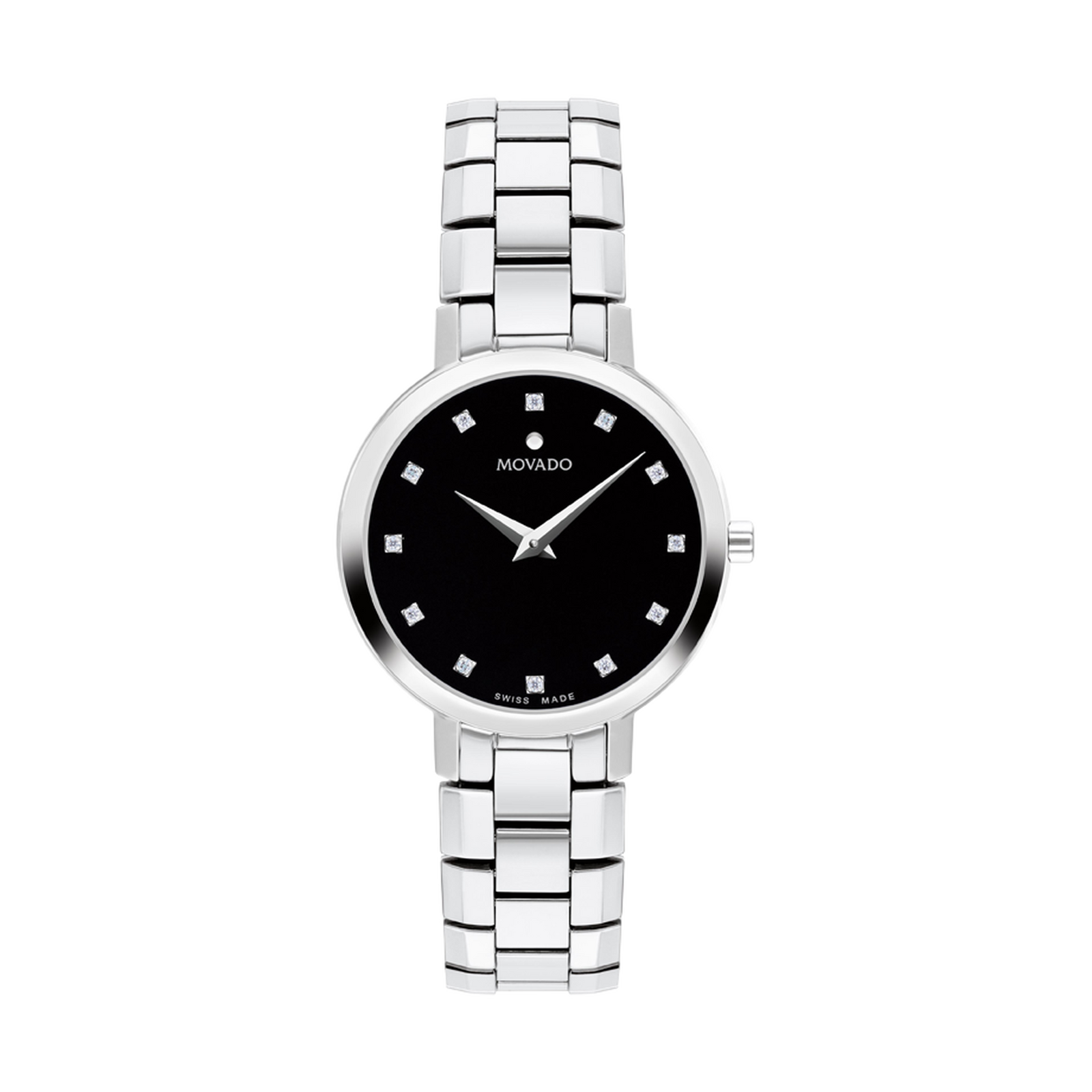 Silver watch with black face on a white background