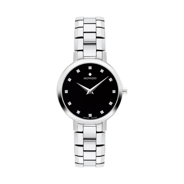 Silver watch with black face on a white background