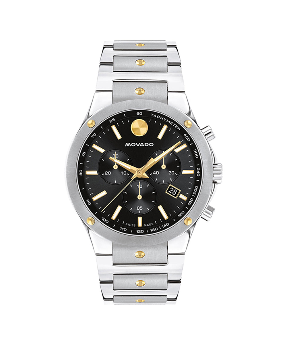 Movado watch with black face and gold accents on a white background