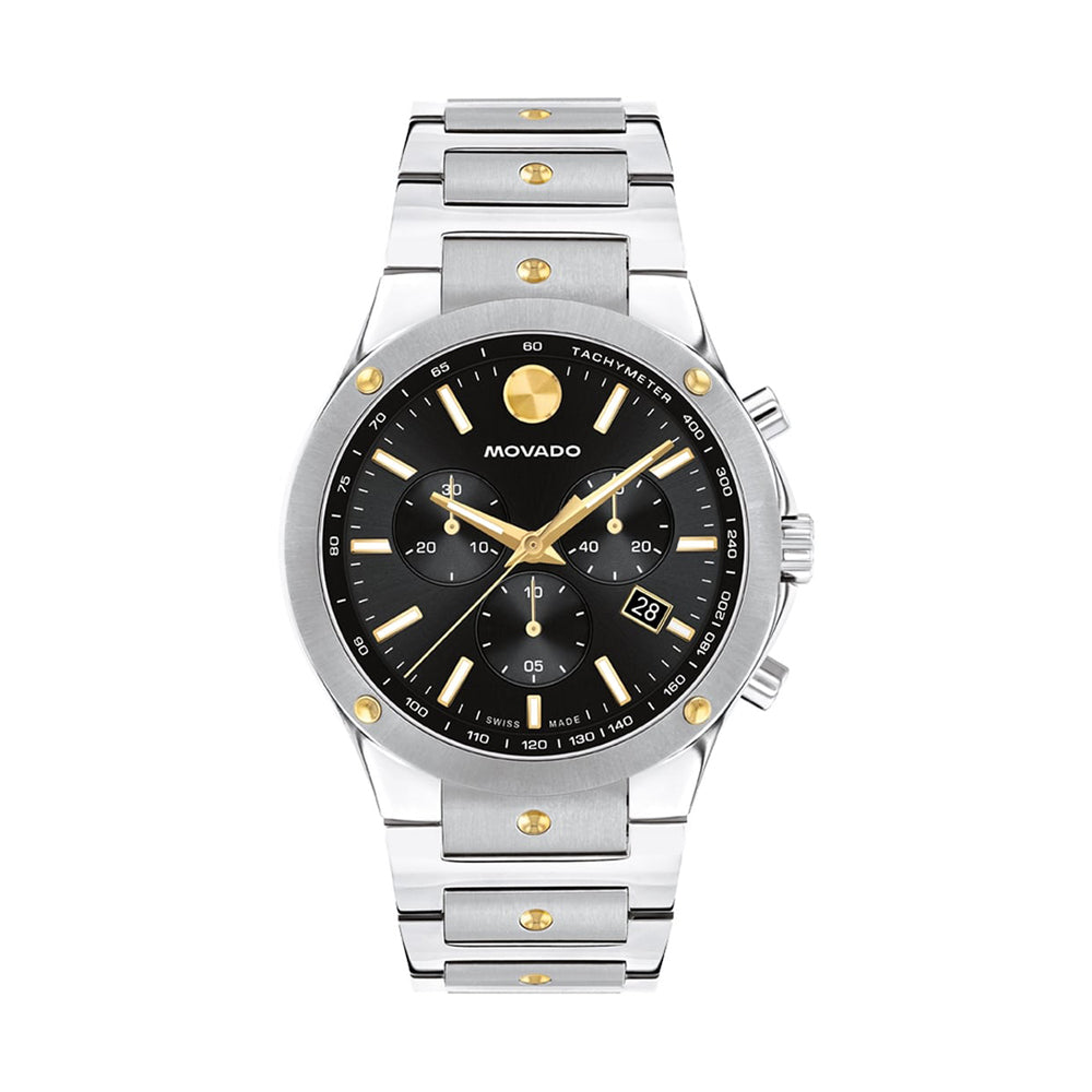 Movado watch with silver and gold accents on a white background