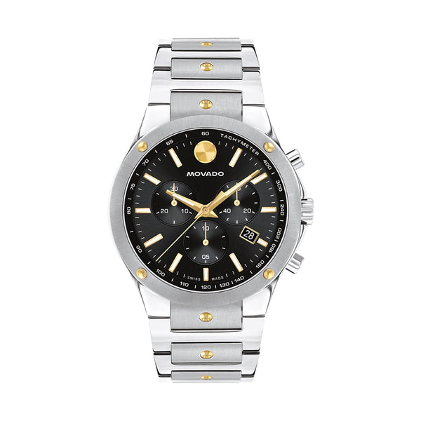 Movado watch with silver and gold accents on a white background