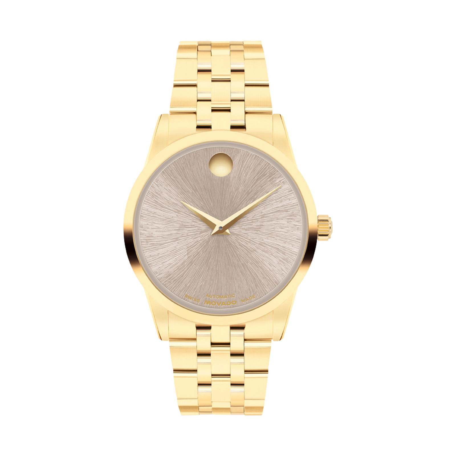 Gold wristwatch with a detailed face on a white background
