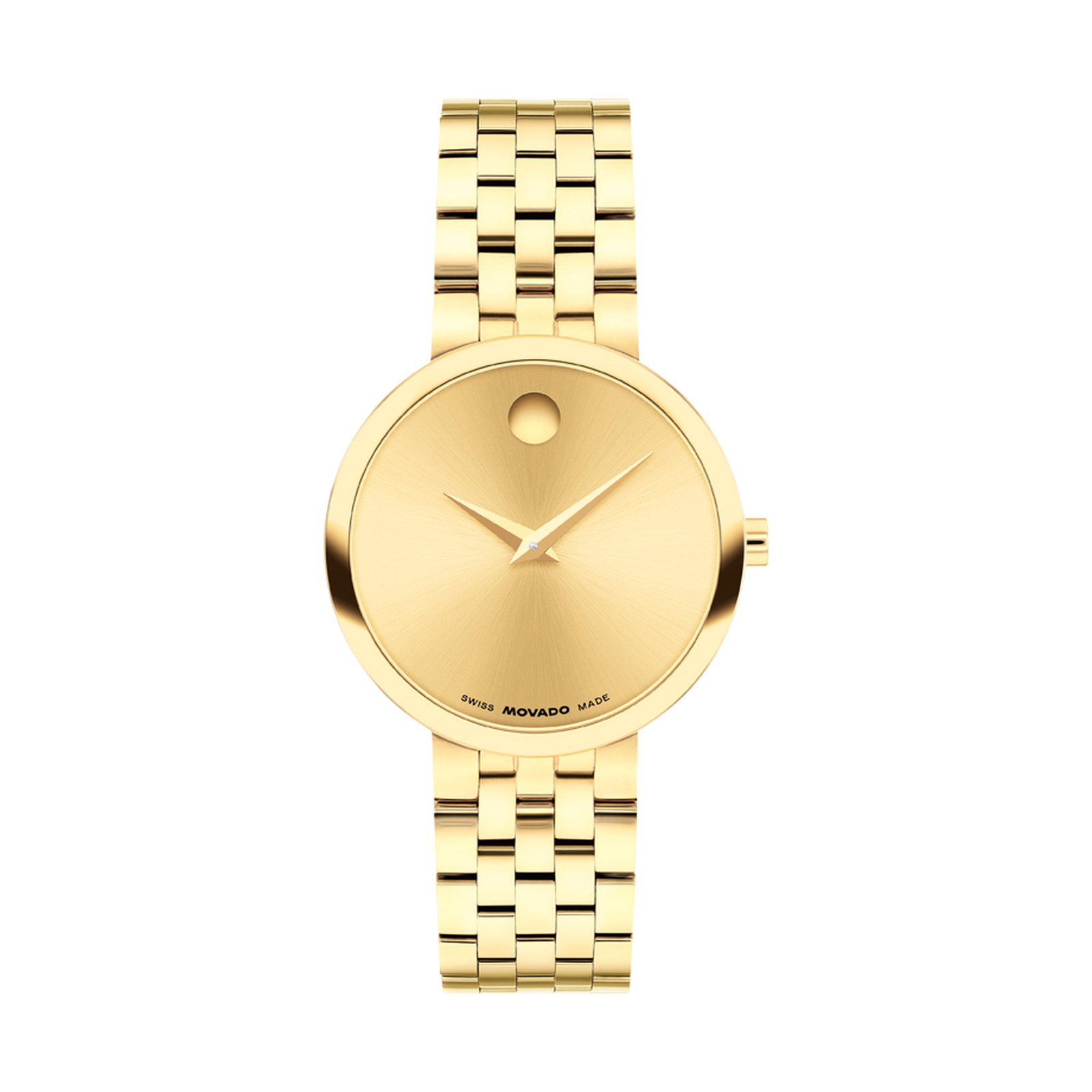 Gold watch with aMovado brand on a white background