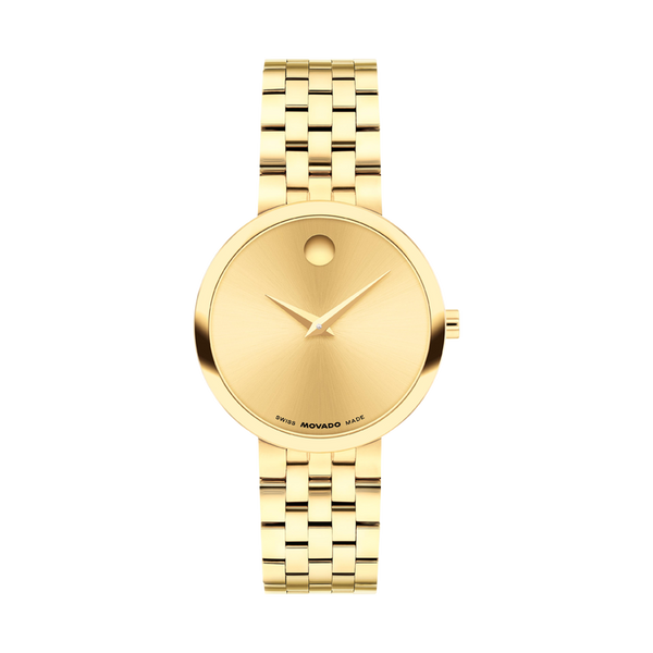 Gold watch with aMovado brand on a white background