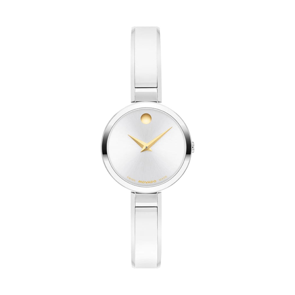 Silver watch with a white face and gold accents on a white background
