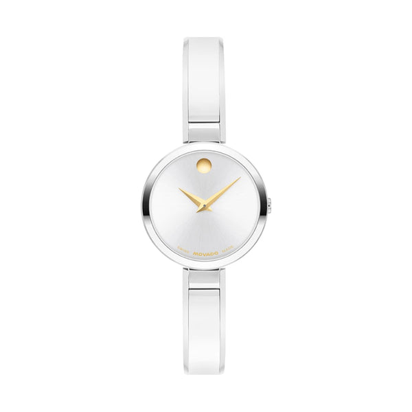 Silver watch with a white face and gold accents on a white background