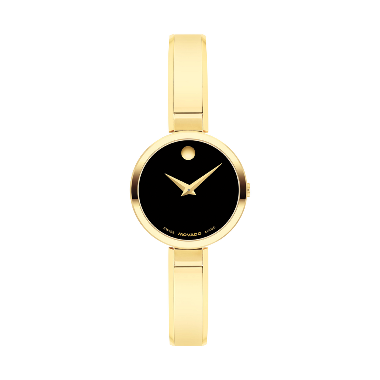 Gold watch with black face on a white background