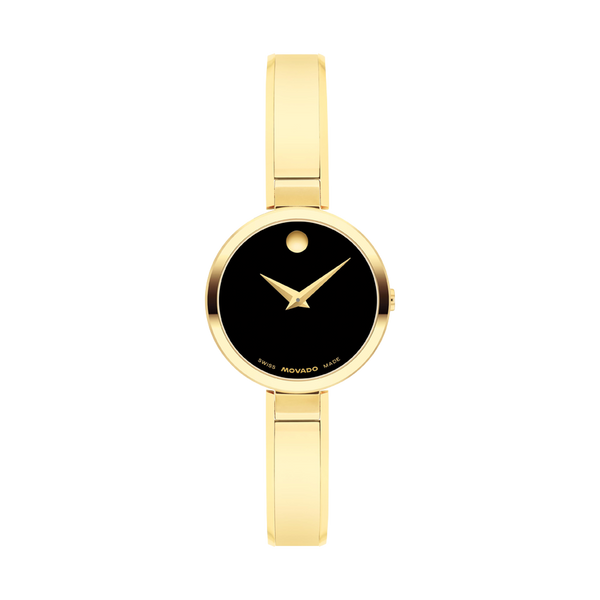 Gold watch with black face on a white background