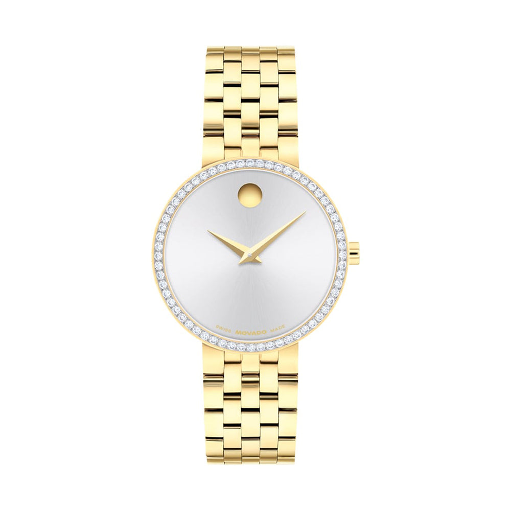 Gold watch with a white face on a white background